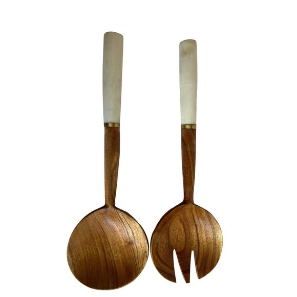 Handcrafted Wooden & Marble Salad Serving Set - Spoon & Fork - Picture 4 of 6